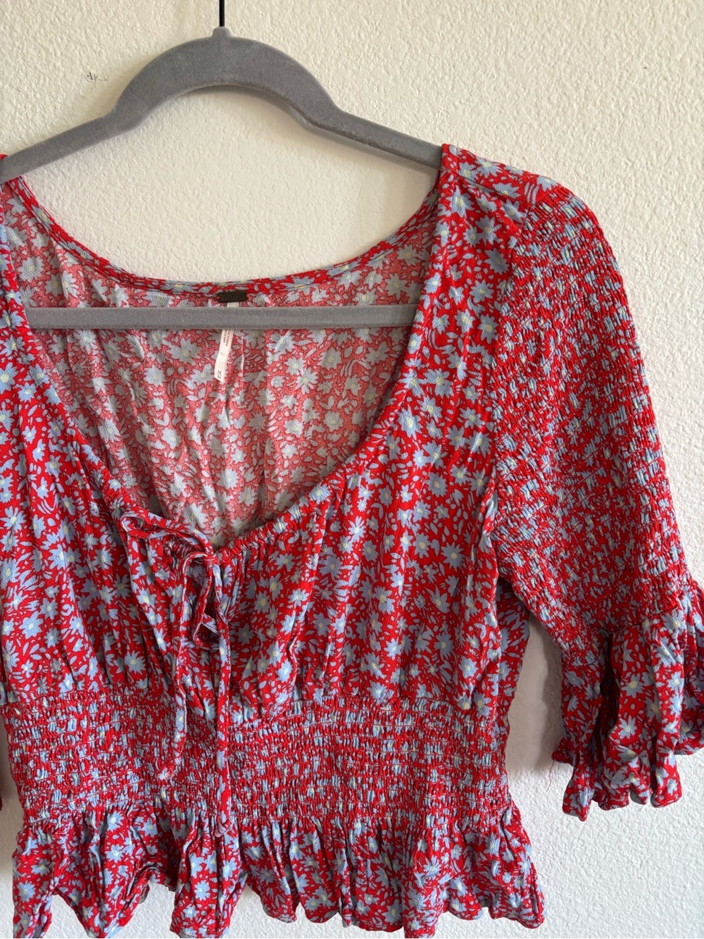 Free People Red Floral Smocked Tie-Front Peplum Blouse